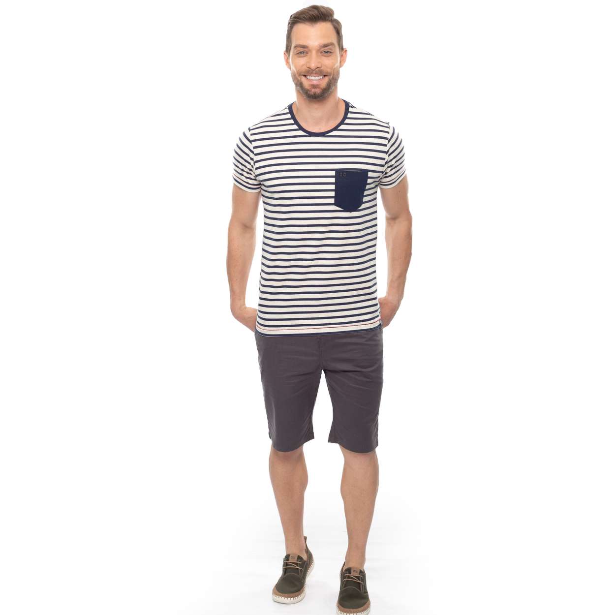 Camiseta M/C Listrada C/Linho Bolso